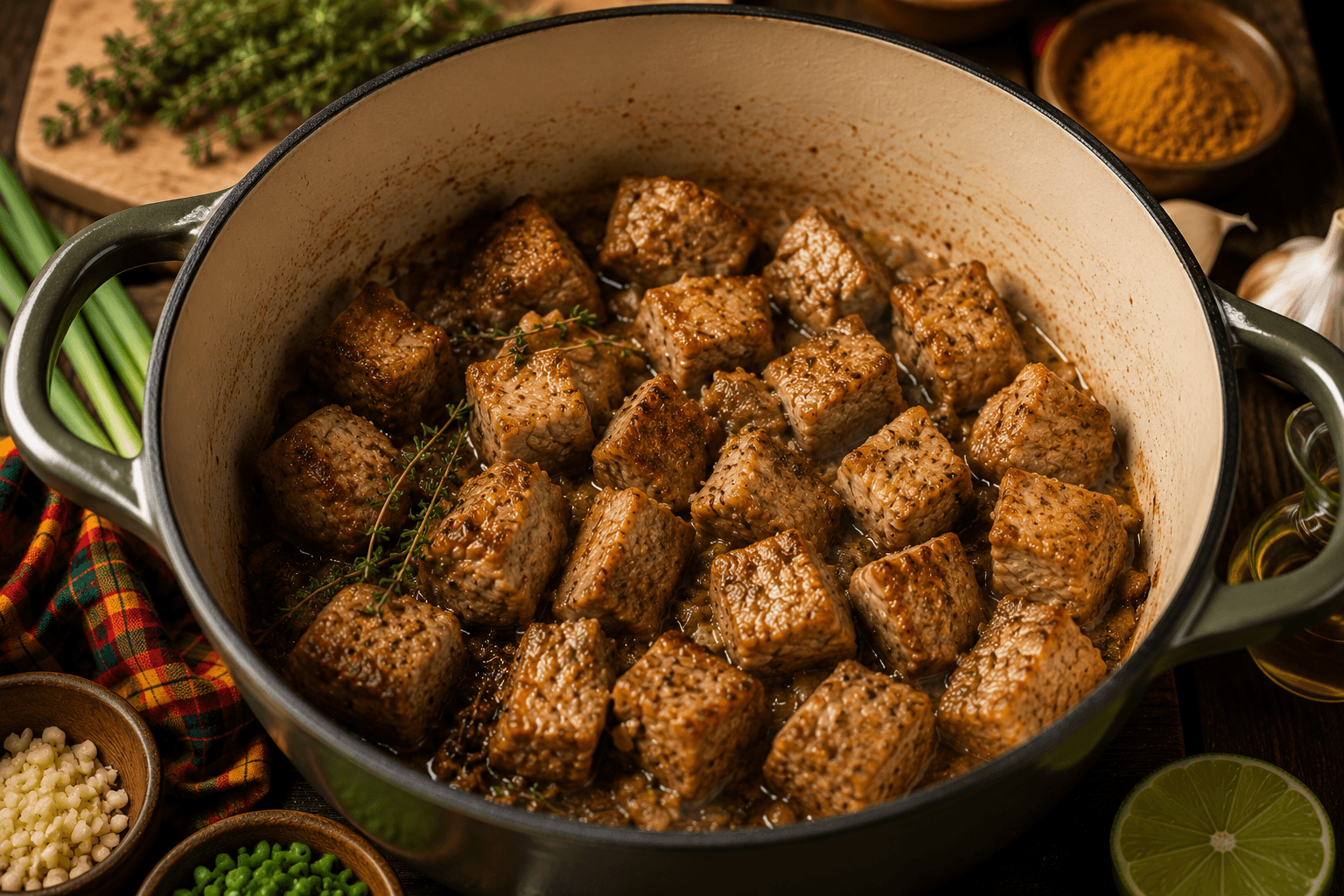 Morceaux de porc dorés dans la cocotte