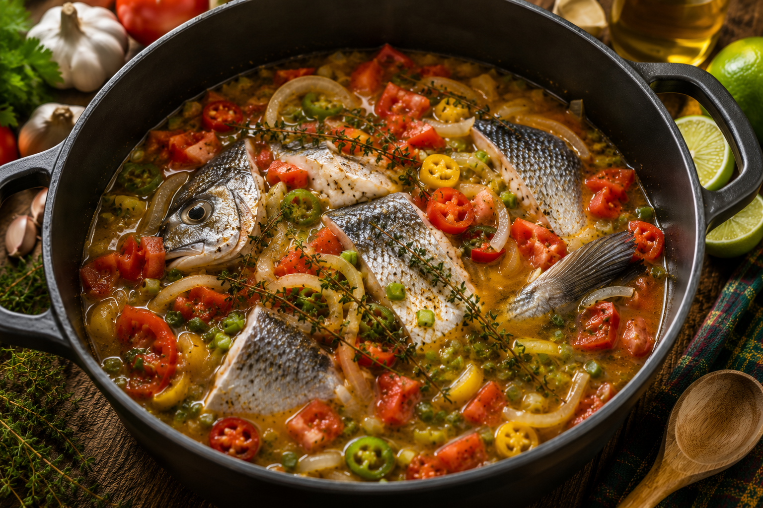 Ajout des épices et du poisson dans le court-bouillon