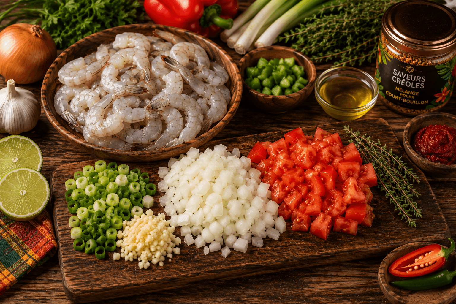 Préparation des crevettes et des ingrédients