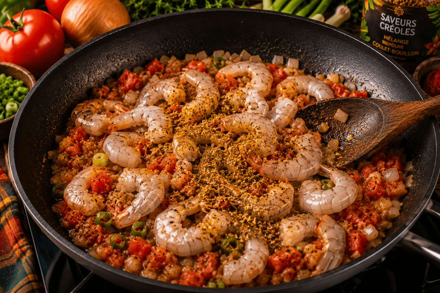 Ajout des crevettes et des épices