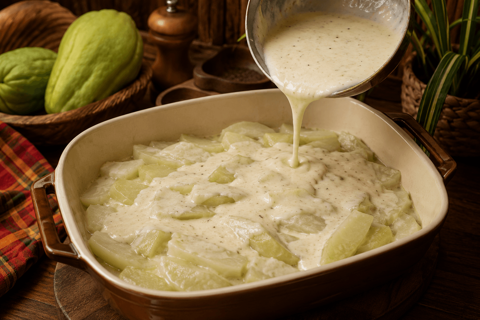 Préparation de la sauce du gratin de christophines