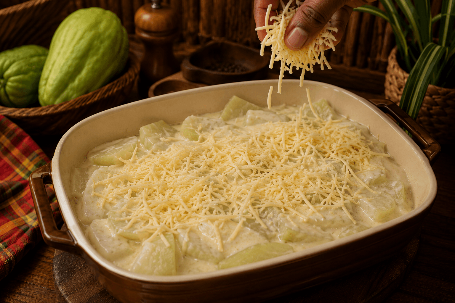 Ajout du fromage sur le gratin de christophines