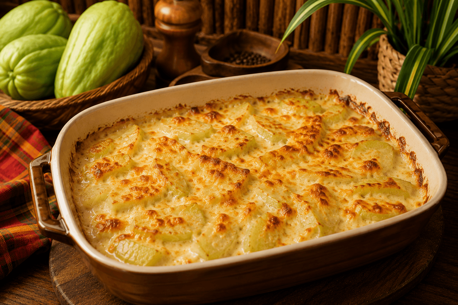 Gratin de christophines doré et prêt à servir