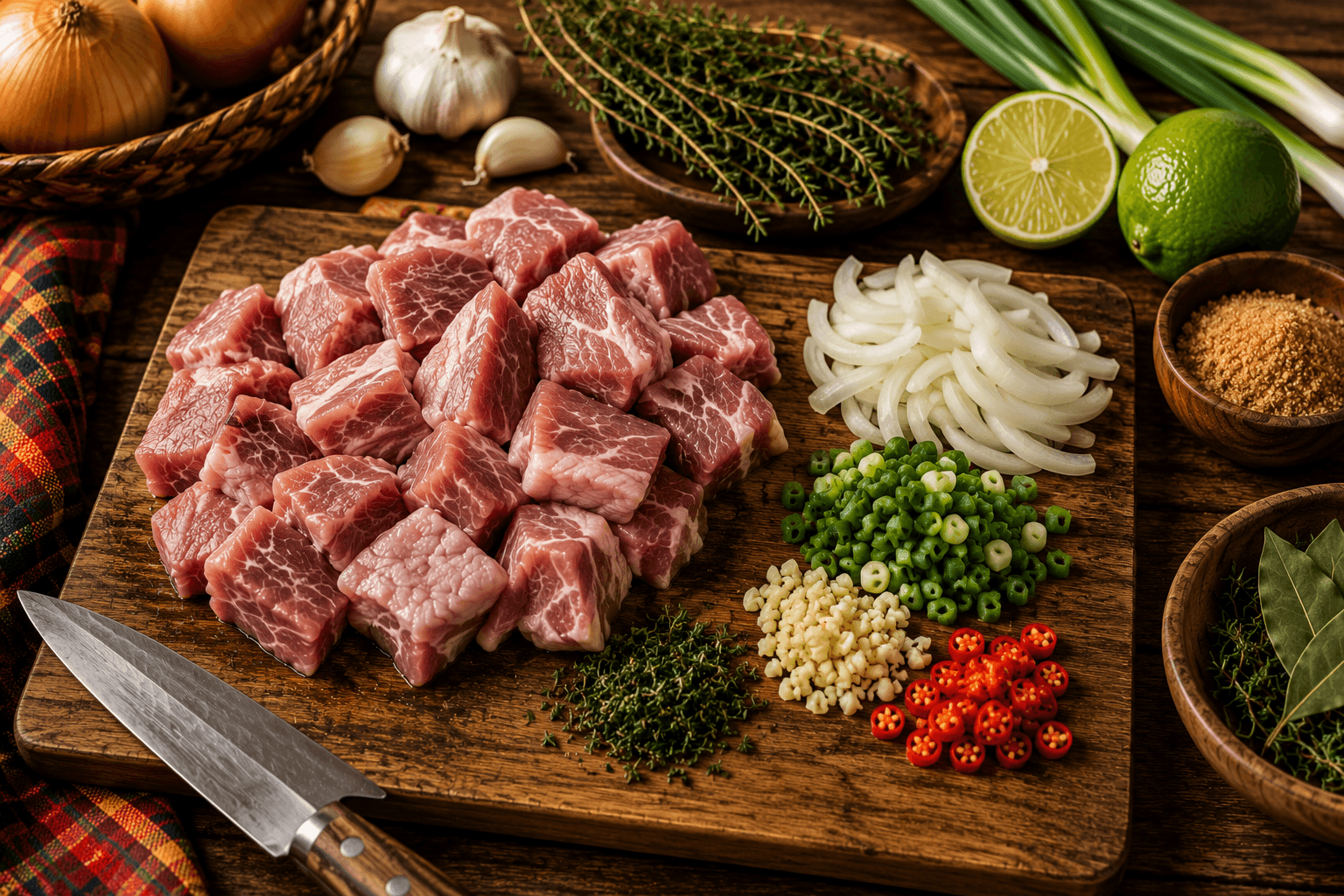 Préparation du porc et des aromates pour le Porc Roussi Créole