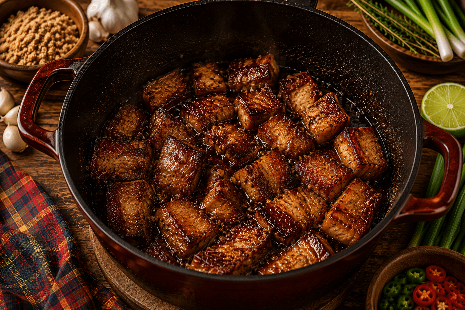 Morceaux de porc en train de roussir