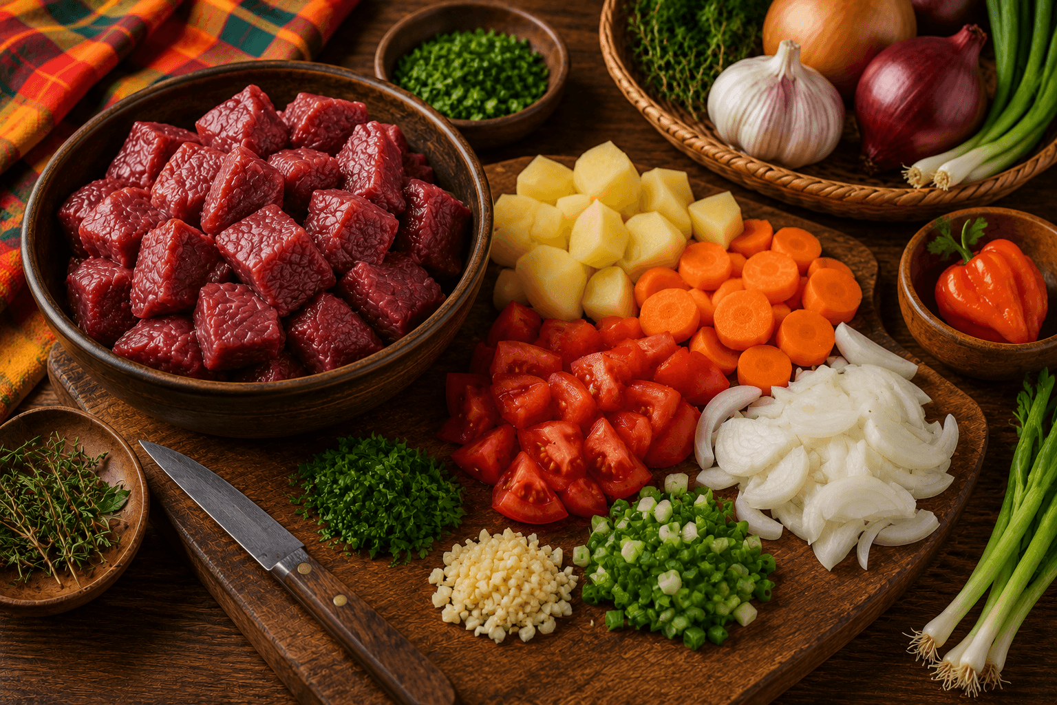 Préparation du bœuf et des légumes pour le Ragoût de Bœuf Créole