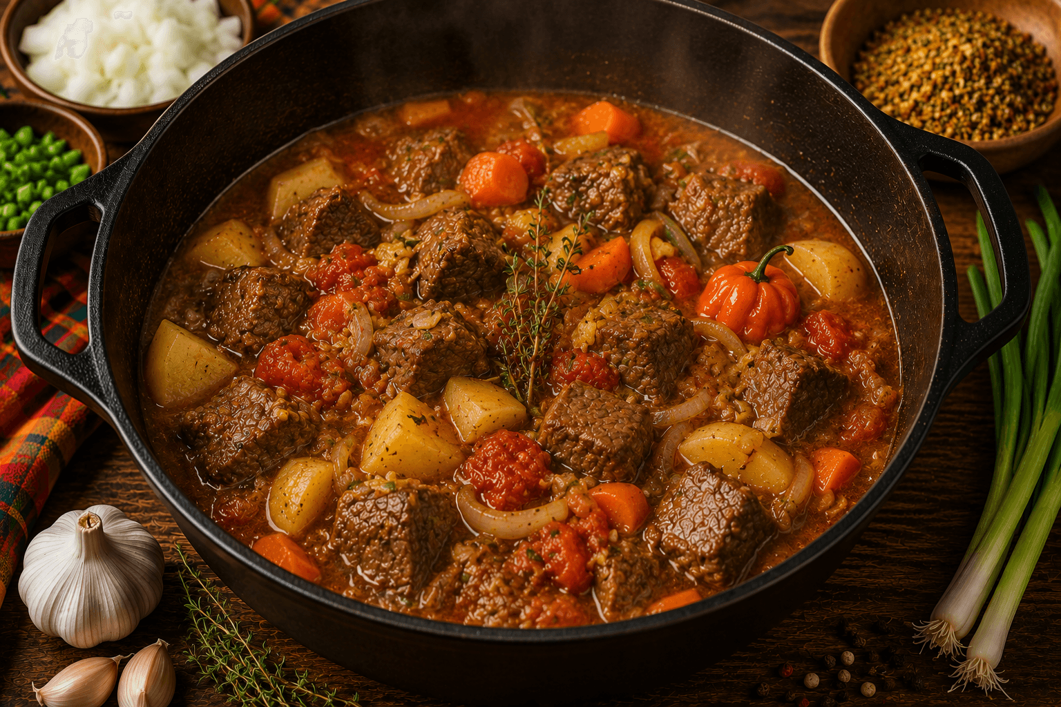 Ajout des légumes et mijotage du Ragoût de Bœuf Créole