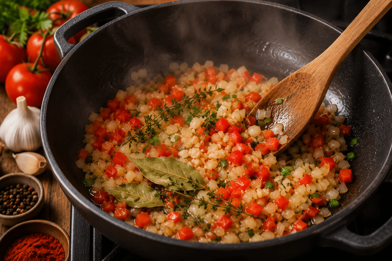 Cuisson des aromates du Riz Créole