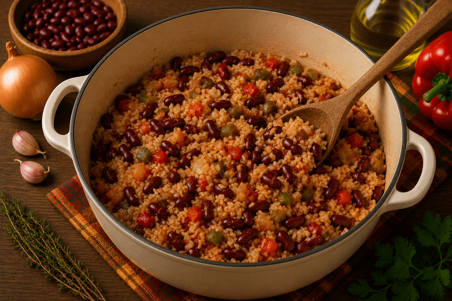 Ajout du riz et des haricots rouges
